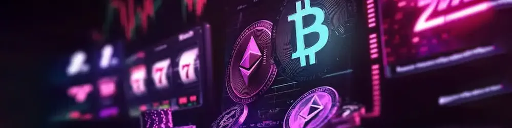 Digital cryptocurrency symbols for Bitcoin and Ethereum displayed alongside slot game reels.