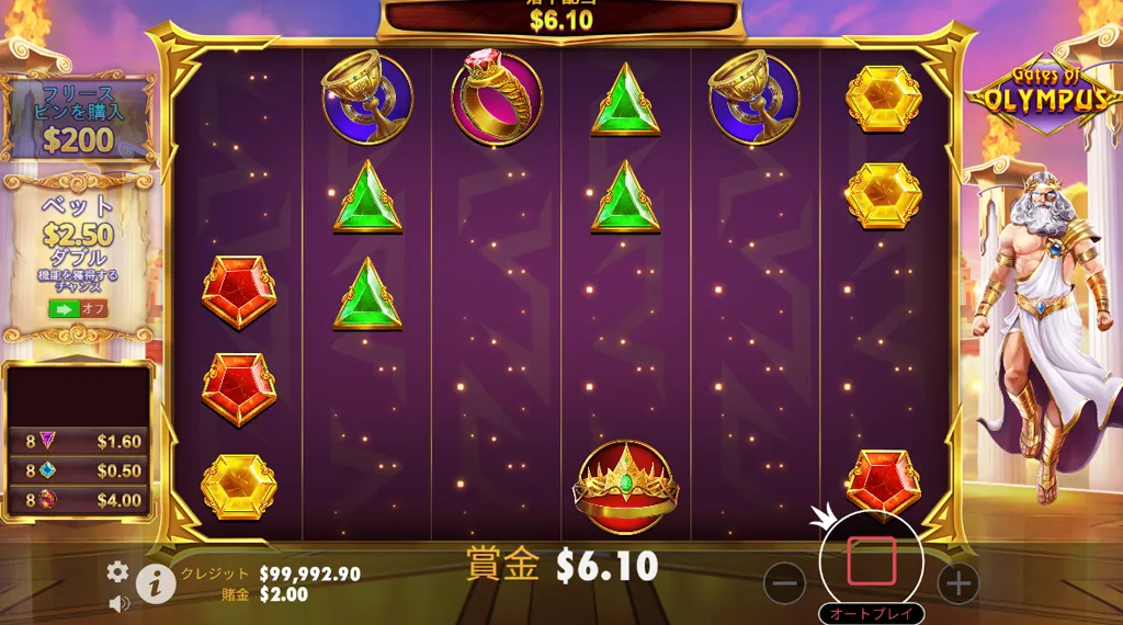 「ゲーツ・オブ・オリンポス」のゲーム画面。リールに宝石シンボルが表示されており、賞金が$6.10と表示されている。画面右下にはオートプレイ停止ボタンがある。