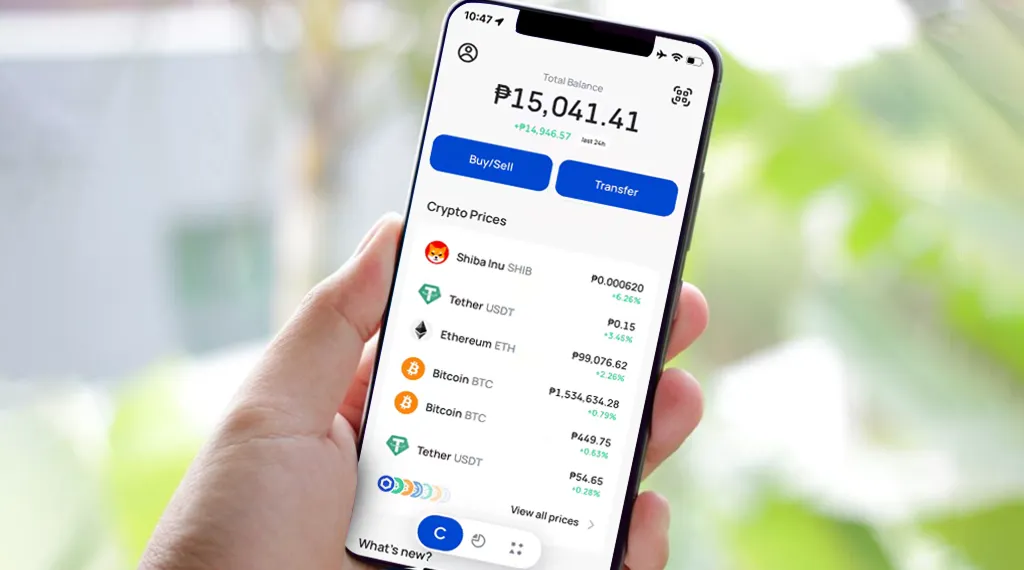 Image of a smartphone displaying a bitcoin and cryptocurrency wallet app interface with digital currency icons.