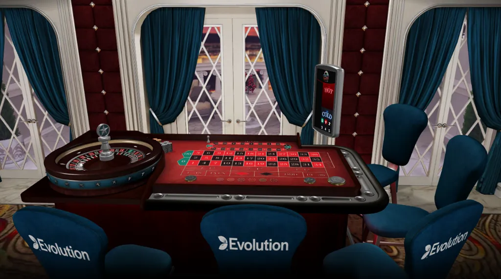 A casino table featuring a roulette wheel surrounded by several chairs for players.