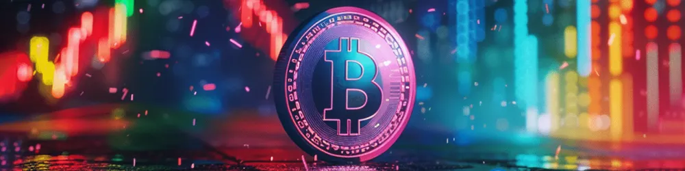 A glowing Bitcoin coin with a colorful, digital background, symbolizing the fusion of cryptocurrency and technology.