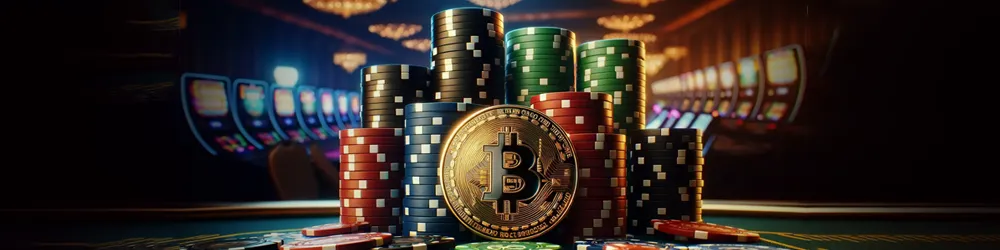 Bitcoin chip stacks with casino slot machines in the background.