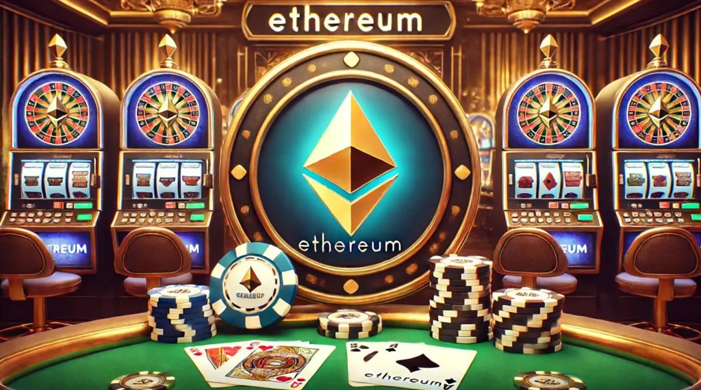 Ethereum-themed casino with slot machines, cards, and chips, emphasizing cryptocurrency gaming with MetaMask.