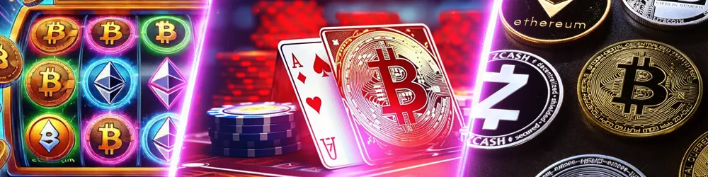 Slot game symbols, Bitcoin and Ethereum coins, and playing cards with casino chips.