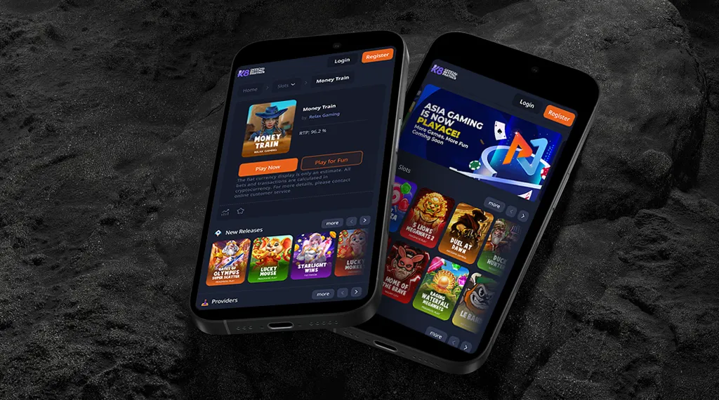 Two smartphones displaying the Money Train game app on their screens, showcasing gameplay and graphics.