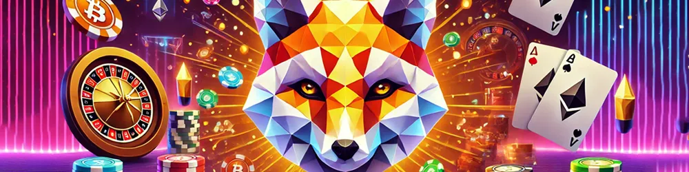 MetaMask casino logo featuring a geometric fox design surrounded by casino elements like cards, chips, and cryptocurrency symbols.
