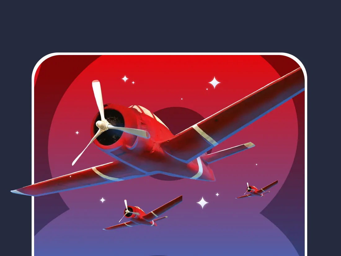 Aviatorゲームの飛行機が空を飛んでいるシーン。背景には赤と紫のグラデーションがあり、飛行機が空を飛びながら星のような輝きが見える。
