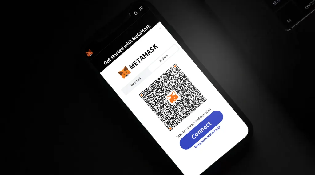MetaMask mobile app interface with QR code to connect and start using MetaMask for crypto transactions.