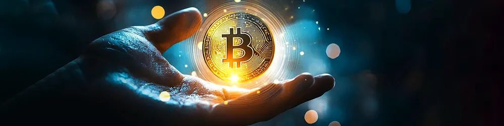 A hand holding a glowing Bitcoin coin, with a dark, ethereal background emphasizing the digital currency's significance.