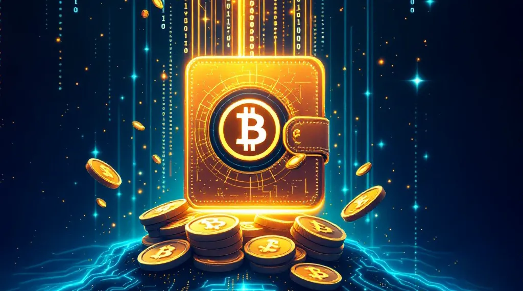 A Bitcoin wallet surrounded by floating coins with a high-tech, glowing digital background.