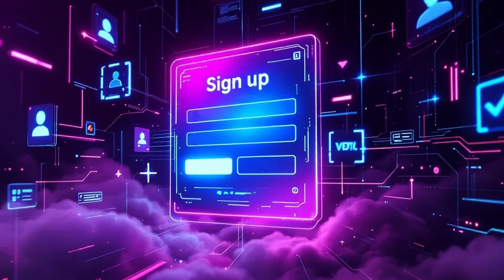 Futuristic digital signup form with icons and user data elements.