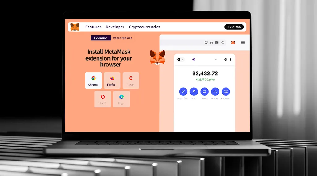 MetaMask casino website interface showing browser extension installation options for Chrome, Firefox, and more.