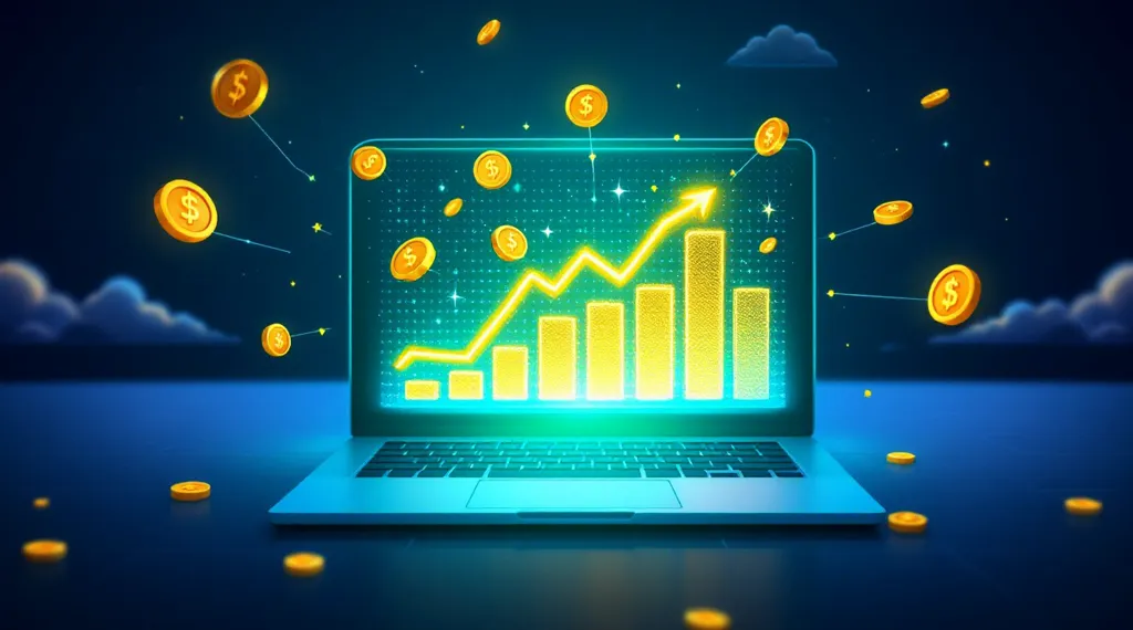 A laptop screen displaying a growing financial graph with animated dollar coins floating around it.