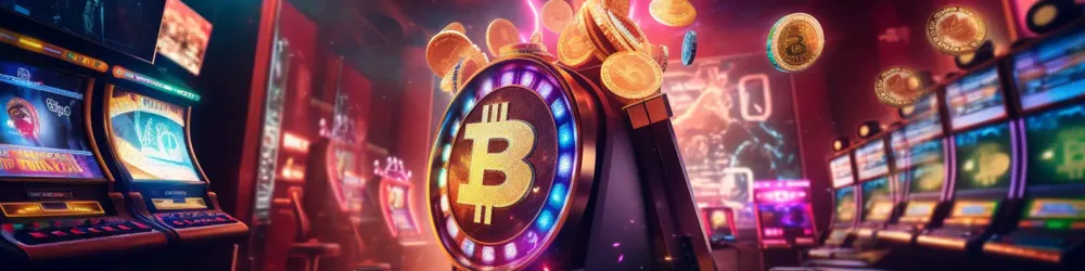 A vibrant casino scene with a focus on a Bitcoin slot machine, surrounded by glowing coins and digital slot machines.