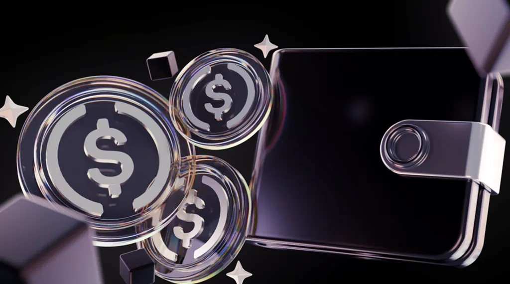 A wallet containing dollar coins and a prominent dollar sign, symbolizing currency and financial transactions.