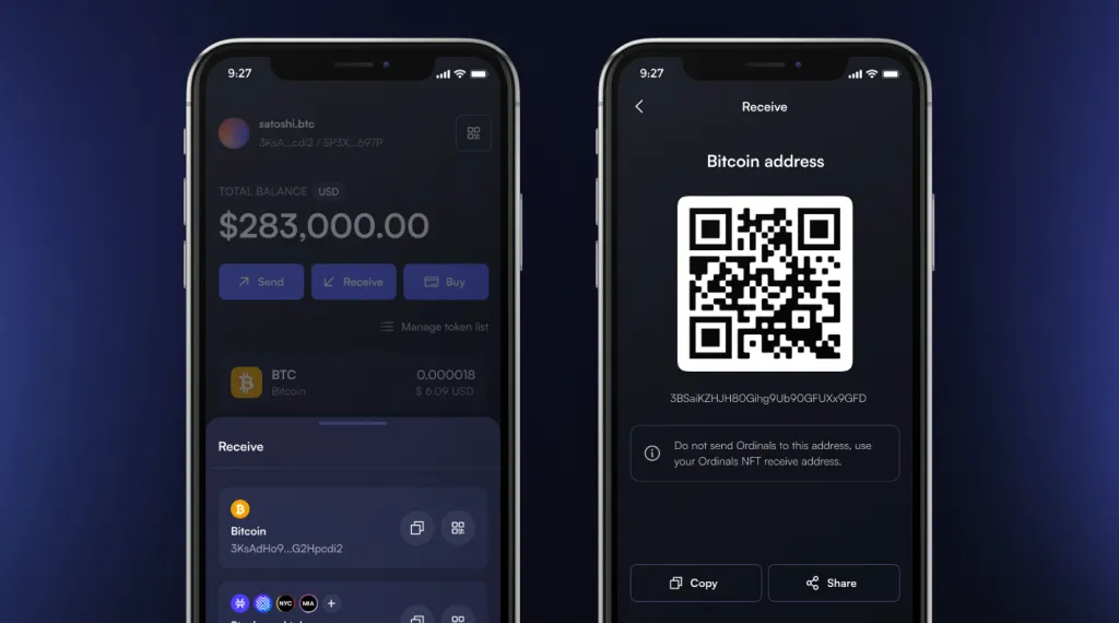 Crypto wallet app interface displayed on an iPhone, showcasing features for managing digital currencies.