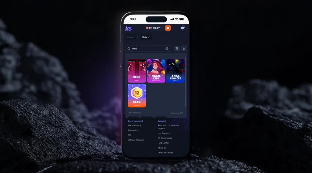 A smartphone displaying crypto keno games app interface with colorful graphics and game options visible.