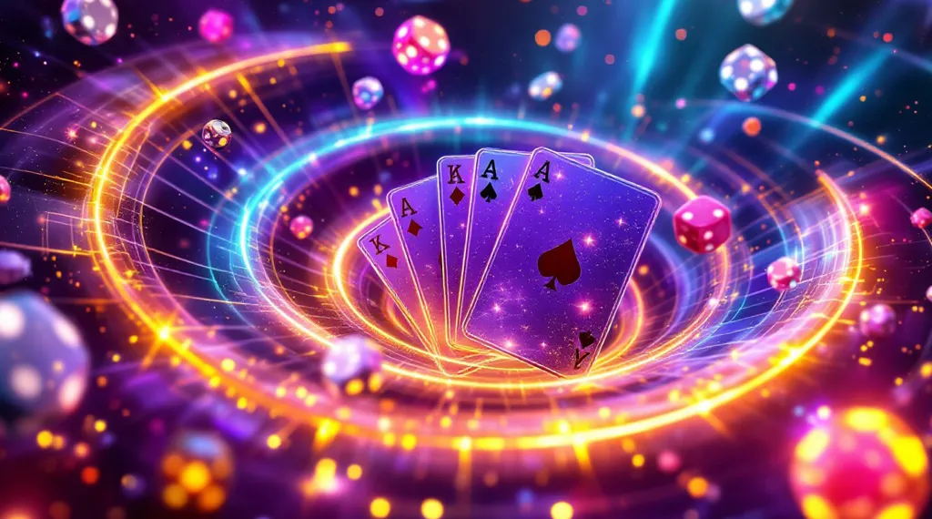 Aces playing cards with colorful lights and dice in a glowing vortex.