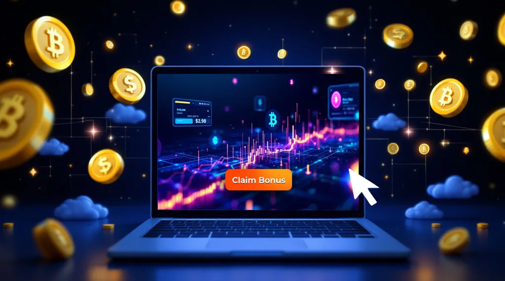 Laptop screen with cryptocurrency data, showing Bitcoin and a claim bonus button.