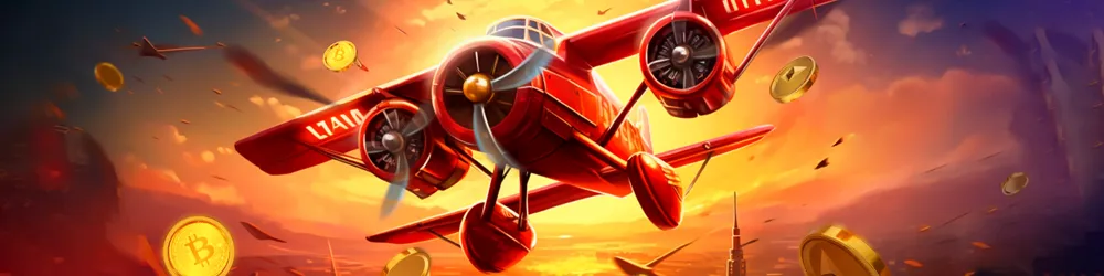 夕焼けの空を飛ぶ赤い飛行機。周囲にはビットコインのコインが舞い、Aviatorゲームのシンボルが描かれています。
