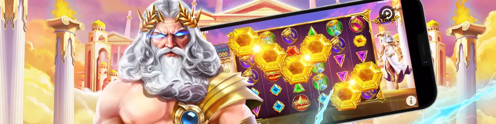 ゲーム「ゲーツ・オブ・オリンポス」のゼウスが背景に描かれ、スマートフォン画面にゲームプレイが表示されている鮮やかなイラスト。