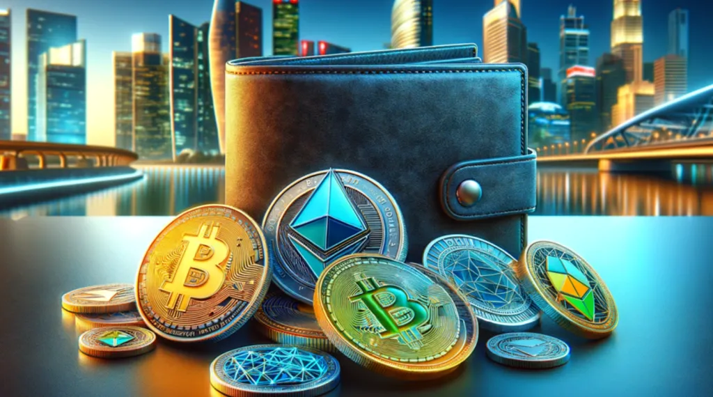 A crypto wallet and coins are displayed on a table with a cityscape view in the background.