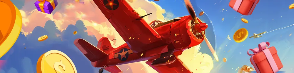A colorful scene featuring a red airplane flying through the sky with coins and gift boxes floating around it.