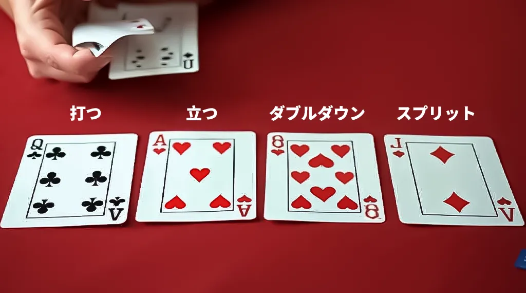 ブラックジャックのカードと選択肢のラベル。